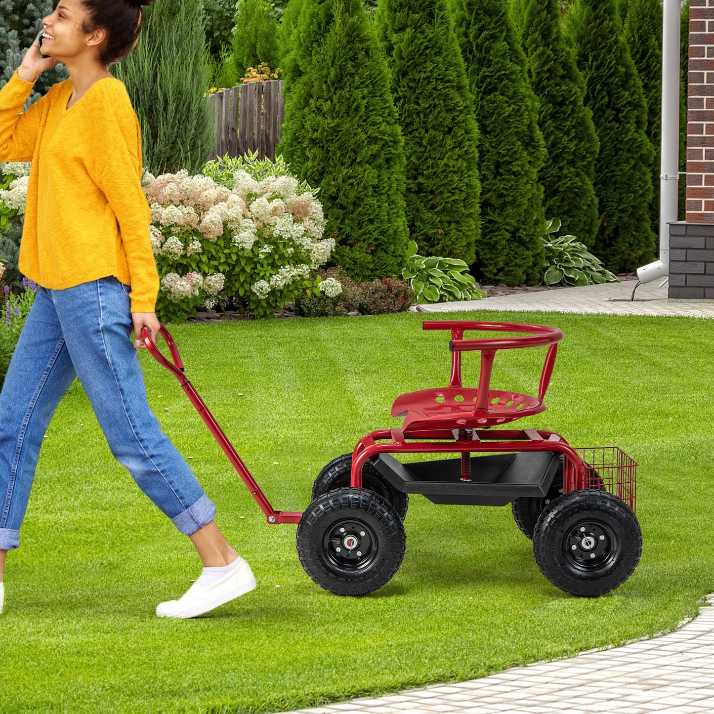 Cushioned Rolling Garden Cart Scooter with Storage Basket and Tool Pouch, Black & Red at Gallery Canada