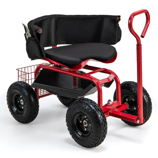 Cushioned Rolling Garden Cart Scooter With Storage Basket, Tool Pouch, Red, Black