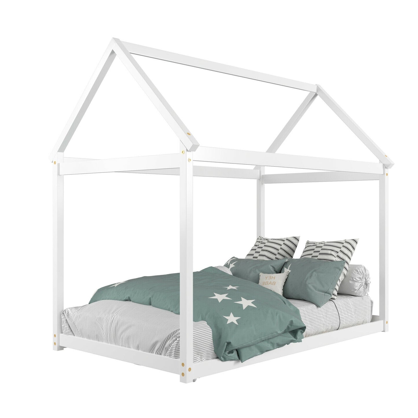Stable Kids Platform Floor Bed with Roof ang Heavy-Duty Slats, White Simple Bed Frame at Gallery Canada