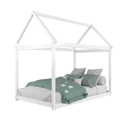 Stable Kids Platform Floor Bed with Roof ang Heavy-Duty Slats, White Simple Bed Frame at Gallery Canada