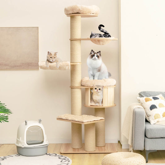 Modern Tall Cat Tree Tower with Scratch Posts and Washable Mats, Natural - Gallery Canada
