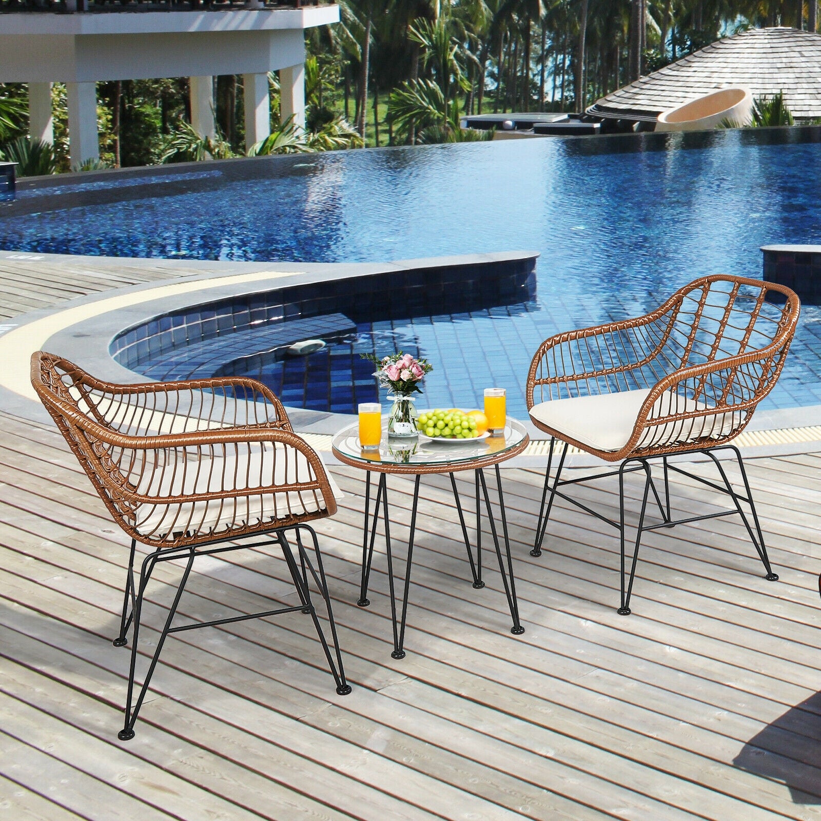 3 Piece Patio Rattan Bistro Set With Cushion, White Patio Conversation Sets at Gallery Canada
