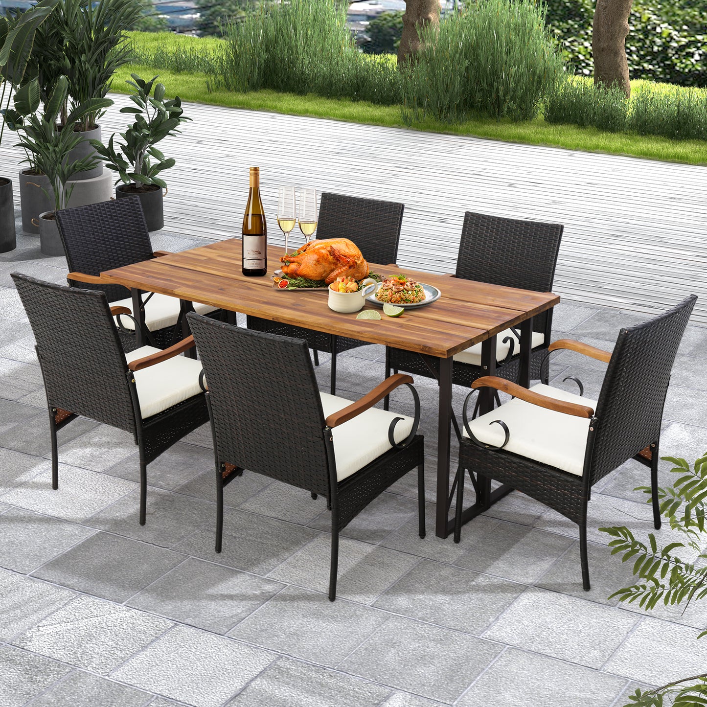 Set Of 4 Outdoor PE Wicker Chairs, Acacia Wood Armrests Patio Dining Chairs at Gallery Canada