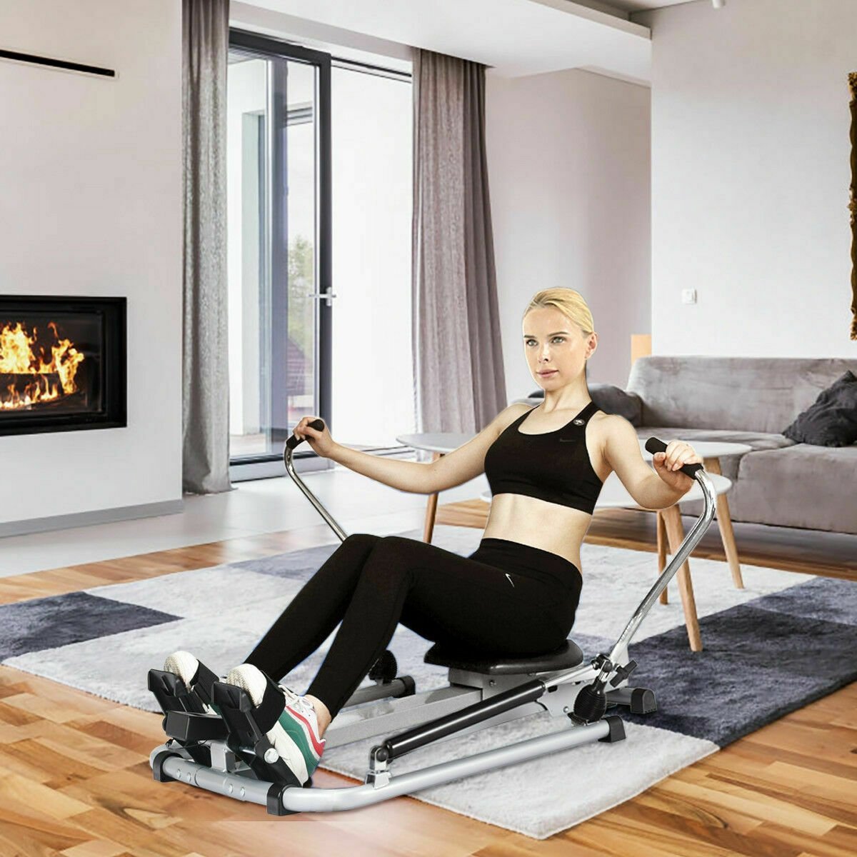 Exercise Adjustable Double Hydraulic Resistance Rowing Machine, Black at Gallery Canada