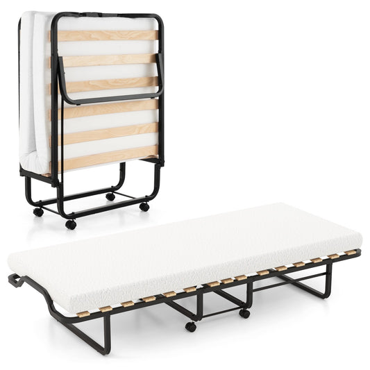 Twin Size Folding Bed with Foam Mattress and Lockable Wheels, Black & White - Gallery Canada