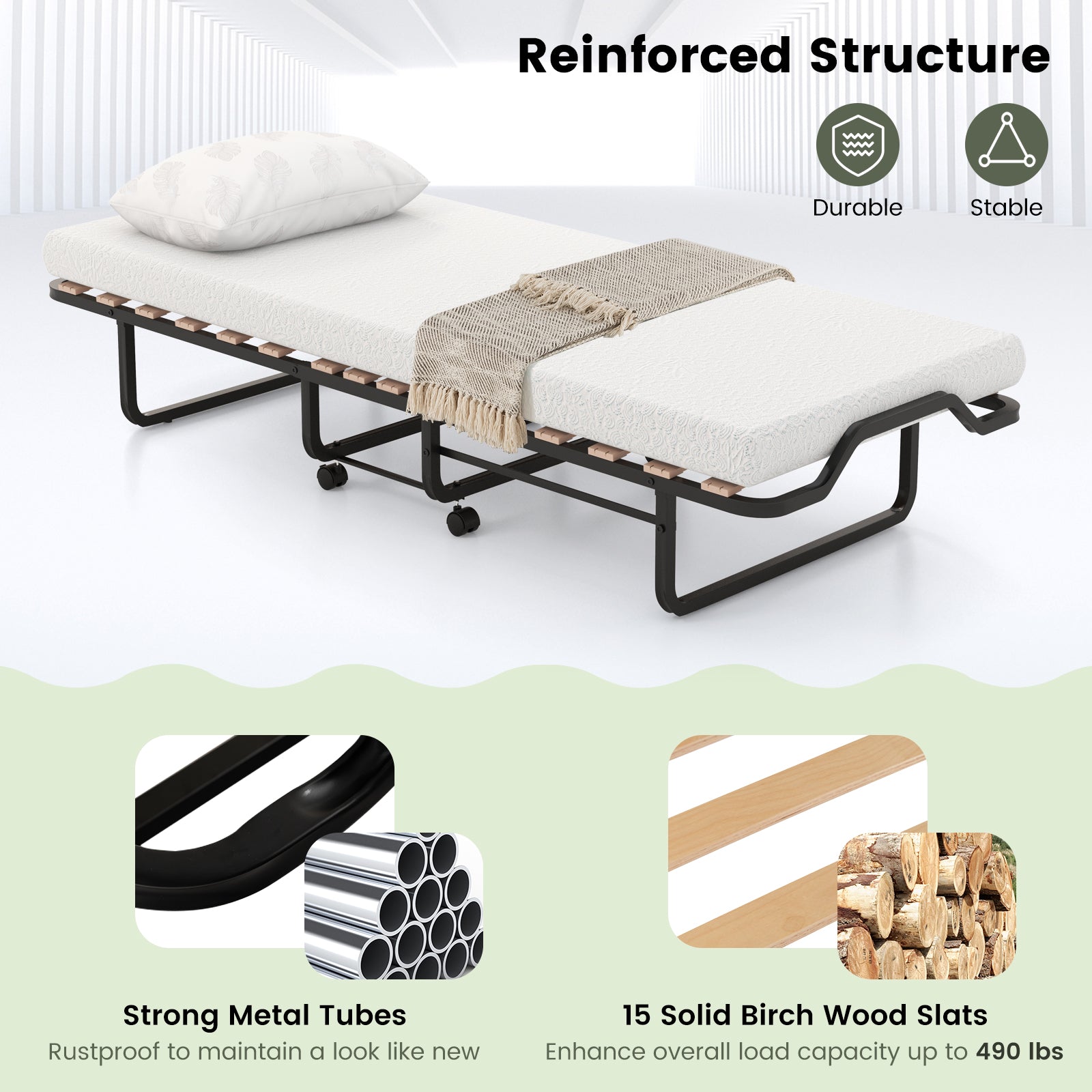 Twin Size Folding Bed, Foam Mattress, Lockable Wheels, Black, White Folding Beds at Gallery Canada