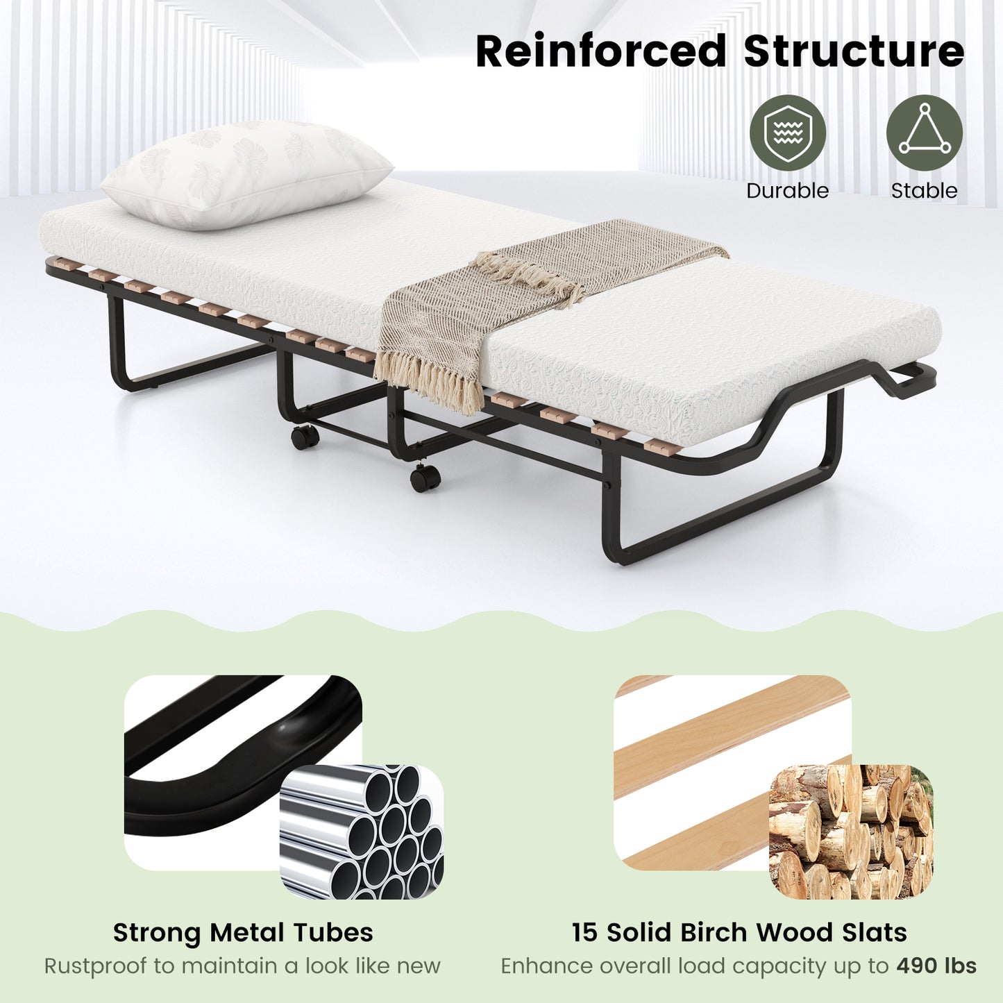 Twin Size Folding Bed, Foam Mattress, Lockable Wheels, Black, White Folding Beds at Gallery Canada