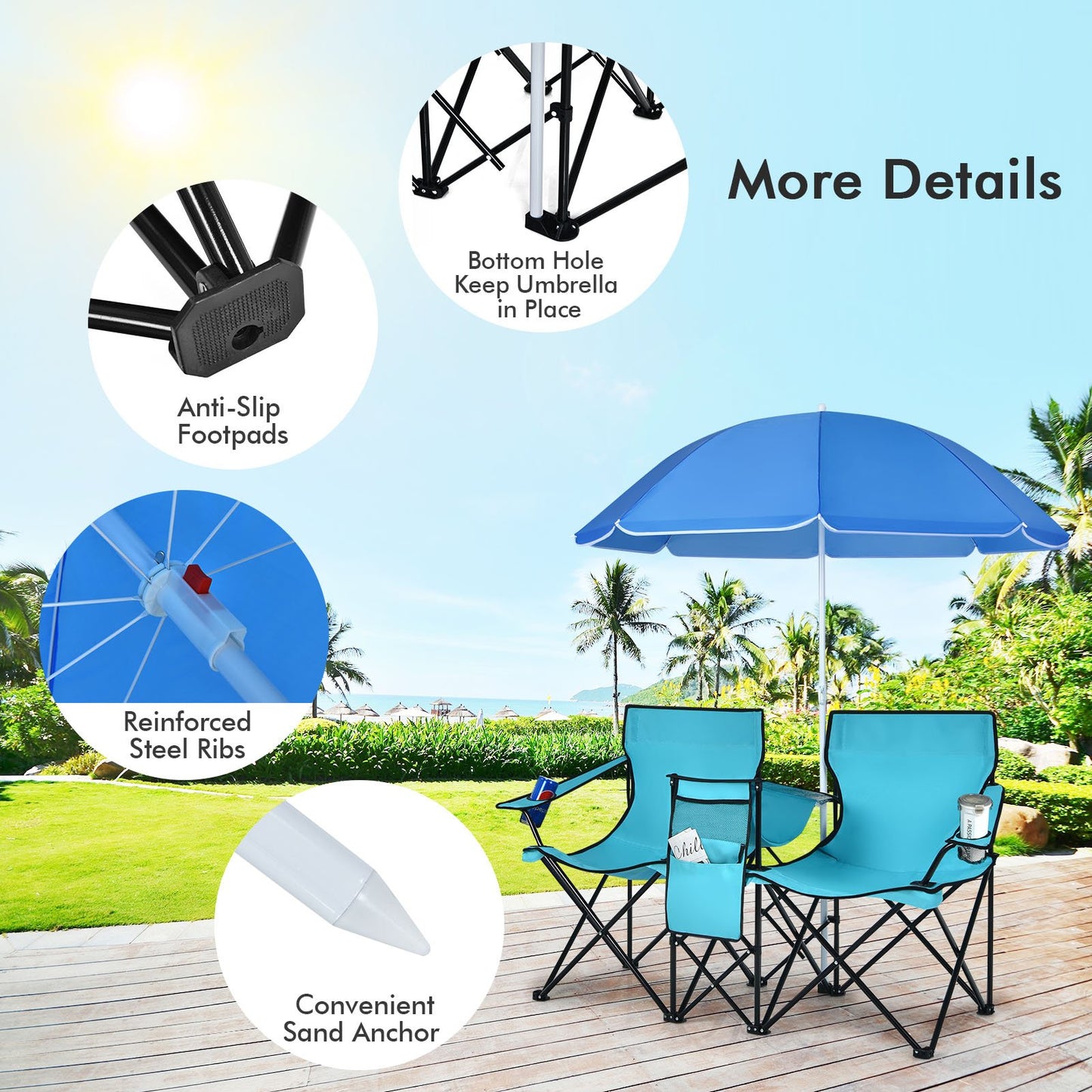 Portable Folding Picnic Double Chair With Umbrella, Turquoise - Gallery Canada