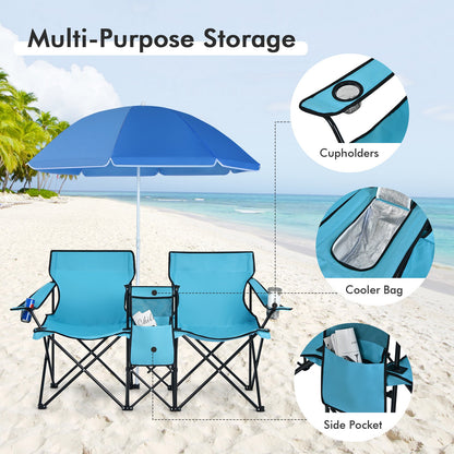 Portable Folding Picnic Double Chair With Umbrella, Turquoise - Gallery Canada