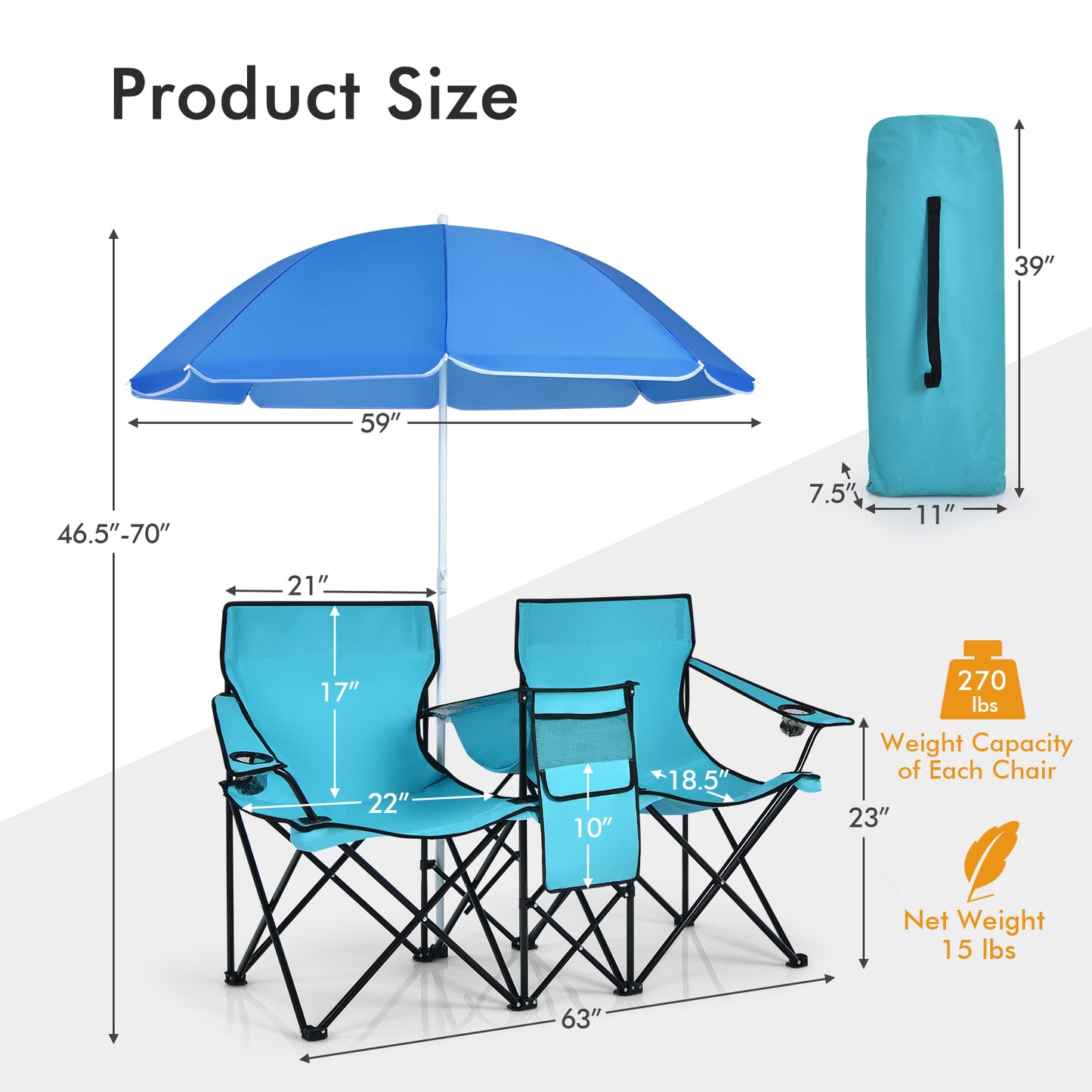 Portable Folding Picnic Double Chair With Umbrella, Turquoise Camping Furniture at Gallery Canada