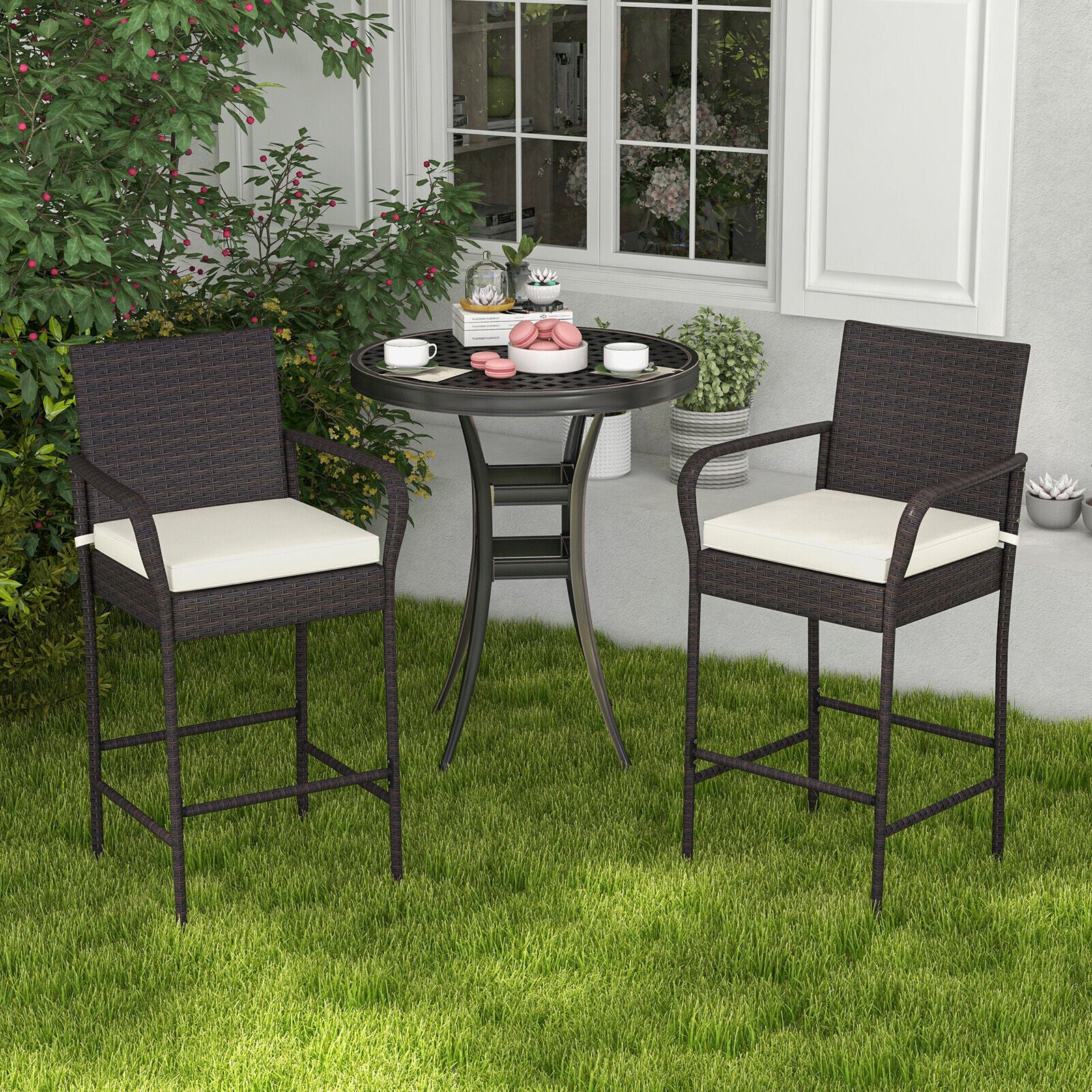 2/4 Pieces Outdoor PE Rattan Cushioned Barstool Set with Armrests-Set of 2, Off White Patio Bar Furniture at Gallery Canada