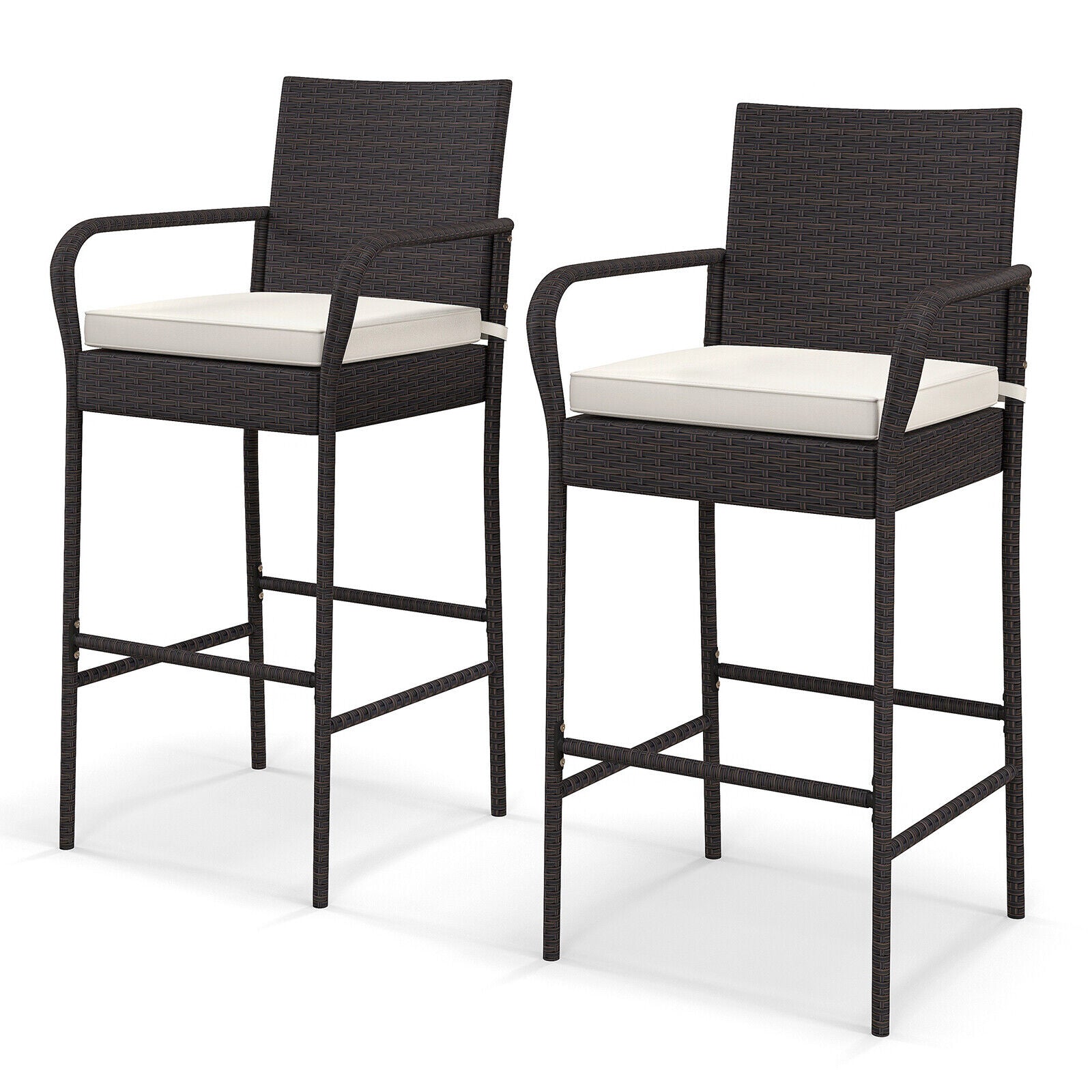 Outdoor PE Rattan Cushioned Barstool Set, 2 Pieces, Off White Patio Bar Furniture Off White at Gallery Canada
