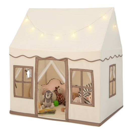 Toddler Large Playhouse with Star String Lights, Brown