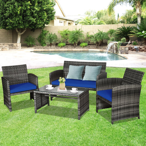 4 Pieces Patio Rattan Furniture Set with Glass Table and Loveseat, Navy