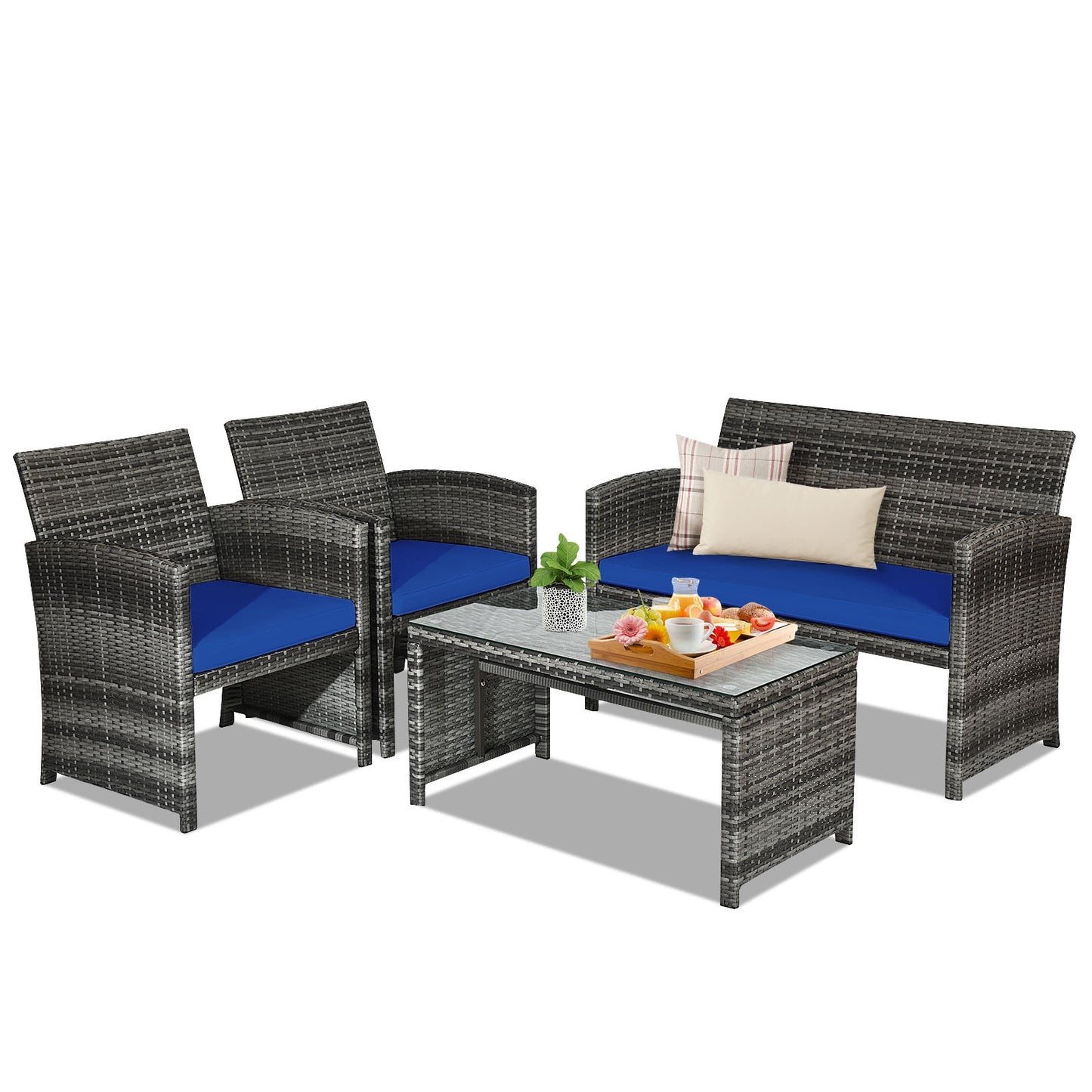 4 Piece Patio Rattan Furniture Set, Glass Table, Loveseat, Navy Patio Conversation Sets at Gallery Canada