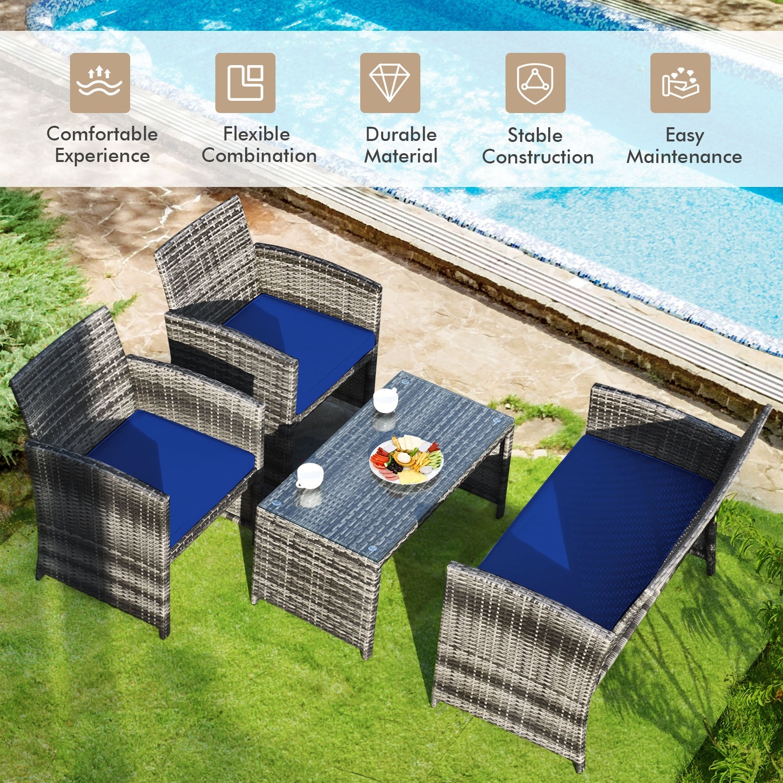 4 Pieces Patio Rattan Furniture Set with Glass Table and Loveseat, Navy Patio Conversation Sets at Gallery Canada
