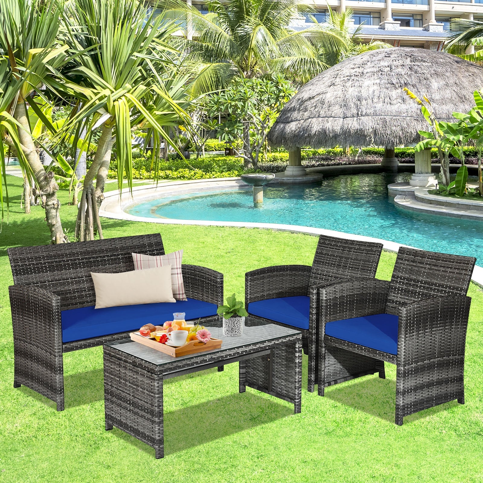 4 Pieces Patio Rattan Furniture Set with Glass Table and Loveseat, Navy Patio Conversation Sets at Gallery Canada