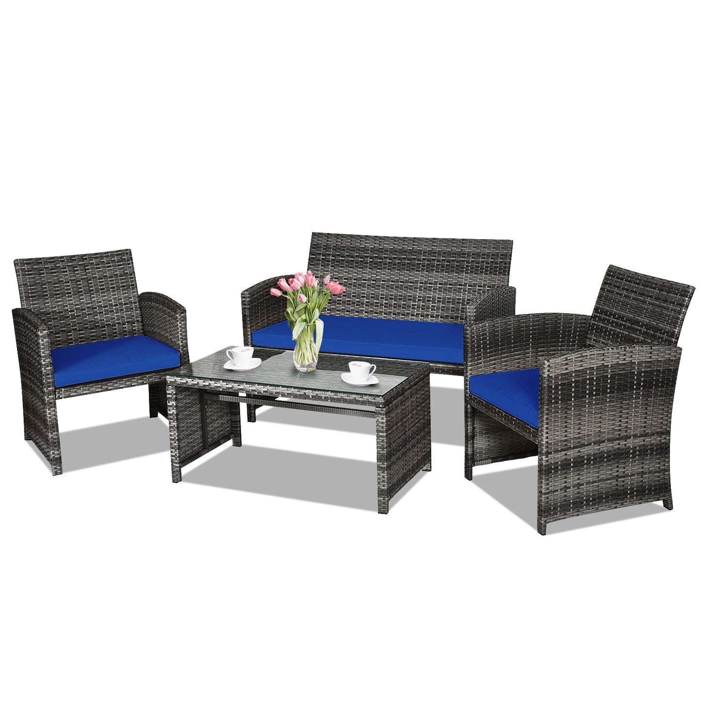 4 Pieces Patio Rattan Furniture Set with Glass Table and Loveseat, Navy Patio Conversation Sets at Gallery Canada