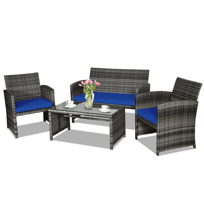 4 Pieces Patio Rattan Furniture Set with Glass Table and Loveseat, Navy Patio Conversation Sets at Gallery Canada