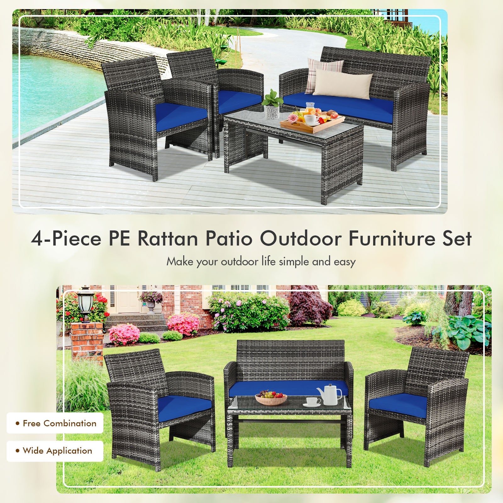 4 Pieces Patio Rattan Furniture Set with Glass Table and Loveseat, Navy Patio Conversation Sets at Gallery Canada