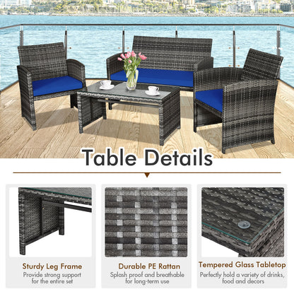 4 Pieces Patio Rattan Furniture Set with Glass Table and Loveseat, Navy Patio Conversation Sets at Gallery Canada