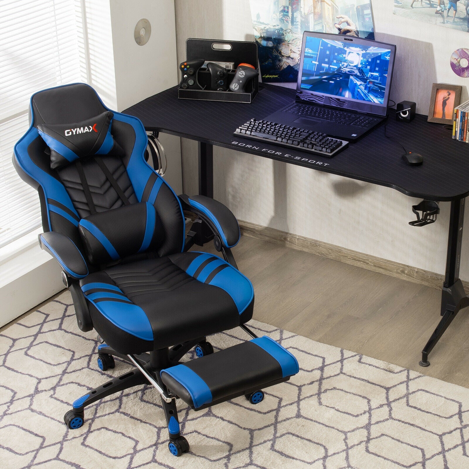 Adjustable Gaming Chair with Footrest for Home Office, Blue Gaming Chairs at Gallery Canada