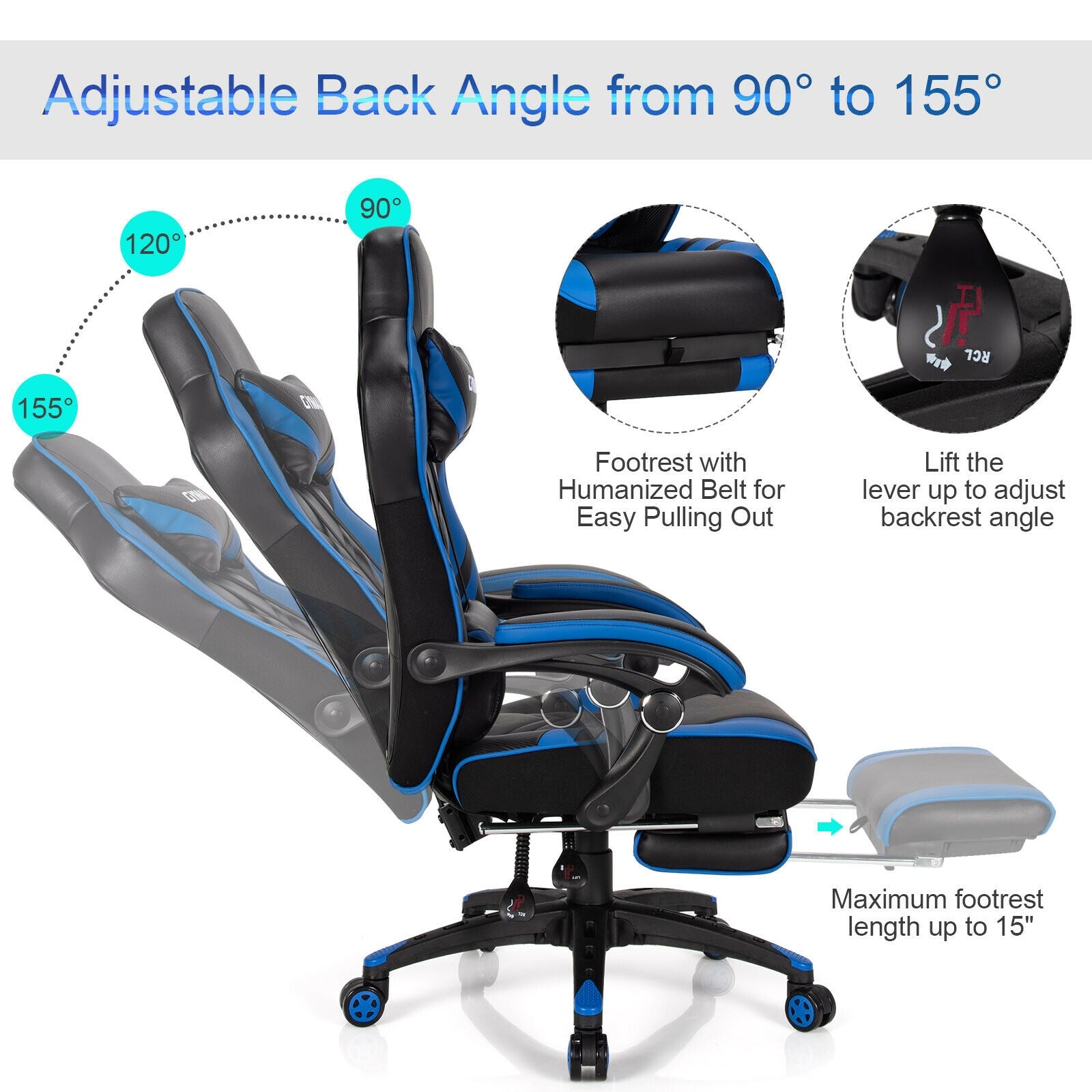 Adjustable Gaming Chair with Footrest for Home Office, Blue Gaming Chairs at Gallery Canada