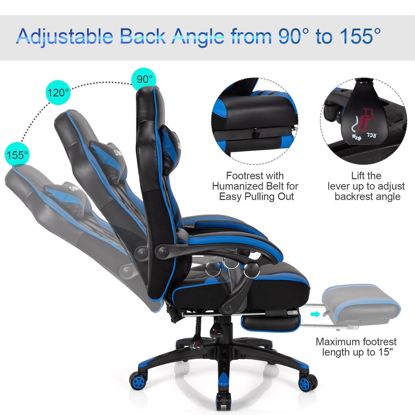Adjustable Gaming Chair with Footrest for Home Office, Blue Gaming Chairs at Gallery Canada