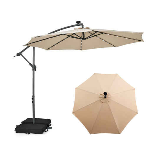 10 Feet Cantilever Umbrella with 32 LED Lights and Solar Panel Batteries, Beige - Gallery Canada