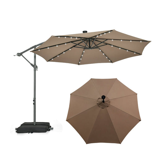 10 Feet Cantilever Umbrella with 32 LED Lights and Solar Panel Batteries, Tan - Gallery Canada