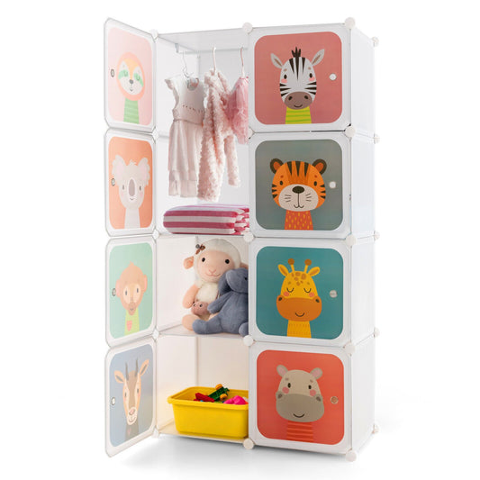 8 Cube Kids Wardrobe Closet with Hanging Section and Doors-8 Cubes, White