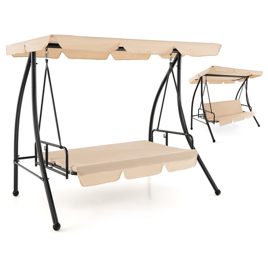 2-Seat Outdoor Convertible Swing Chair, Flat Bed, Adjustable Canopy, Beige Patio Rocking Chairs & Gliders Beige at Gallery Canada
