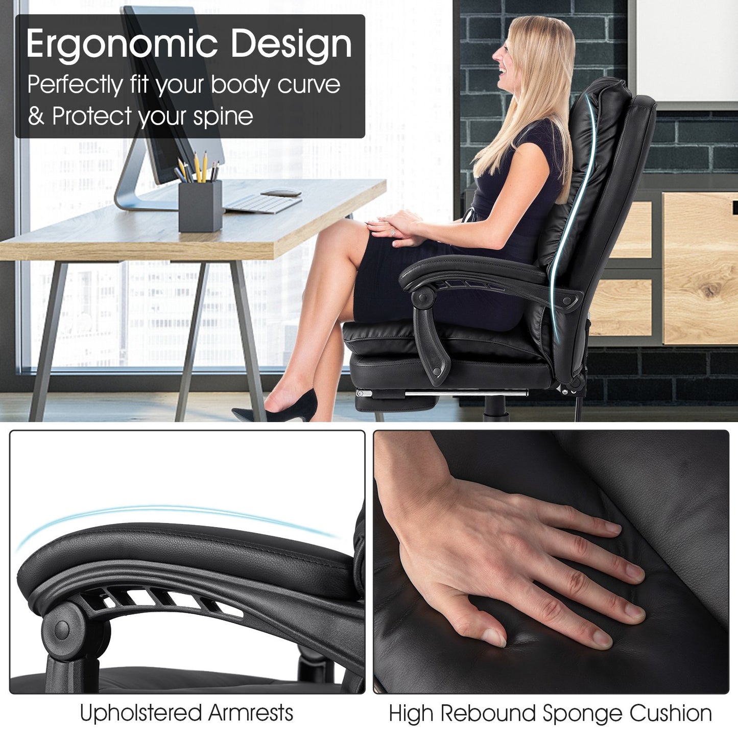 Ergonomic Adjustable Swivel Office Chair with Retractable Footrest, Black - Gallery Canada