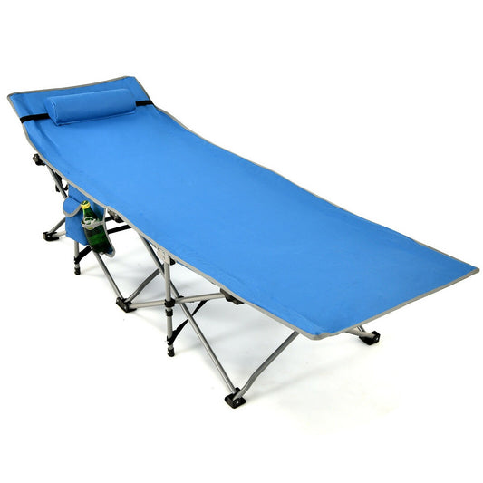 Folding Camping Cot with Side Storage Pocket Detachable Headrest, Blue