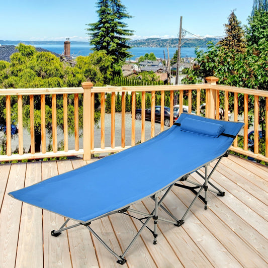 Folding Camping Cot with Side Storage Pocket Detachable Headrest, Blue - Gallery Canada