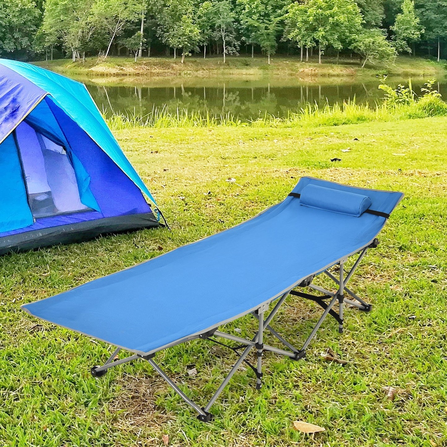 Folding Camping Cot with Side Storage Pocket Detachable Headrest, Blue at Gallery Canada