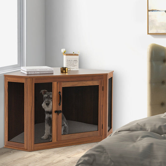 Corner Dog Kennel with Mesh Door and Cushion, Brown - Gallery Canada