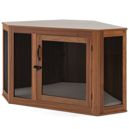 Corner Dog Kennel with Mesh Door and Cushion, Brown