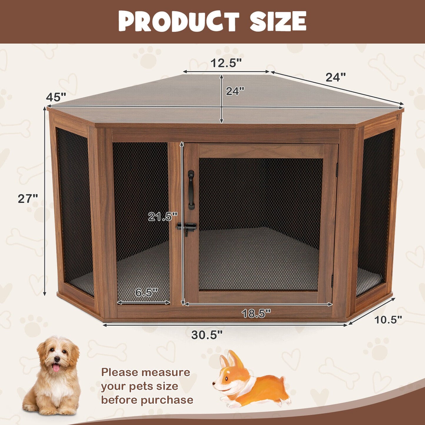 Corner Dog Kennel with Mesh Door and Cushion, Brown