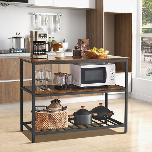 3 Shelves Kitchen Island Industrial Prep Table with Bottom Wine Rack, Rustic Brown - Gallery Canada