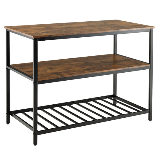 3 Shelves Kitchen Island Industrial Prep Table with Bottom Wine Rack, Rustic Brown - Gallery Canada