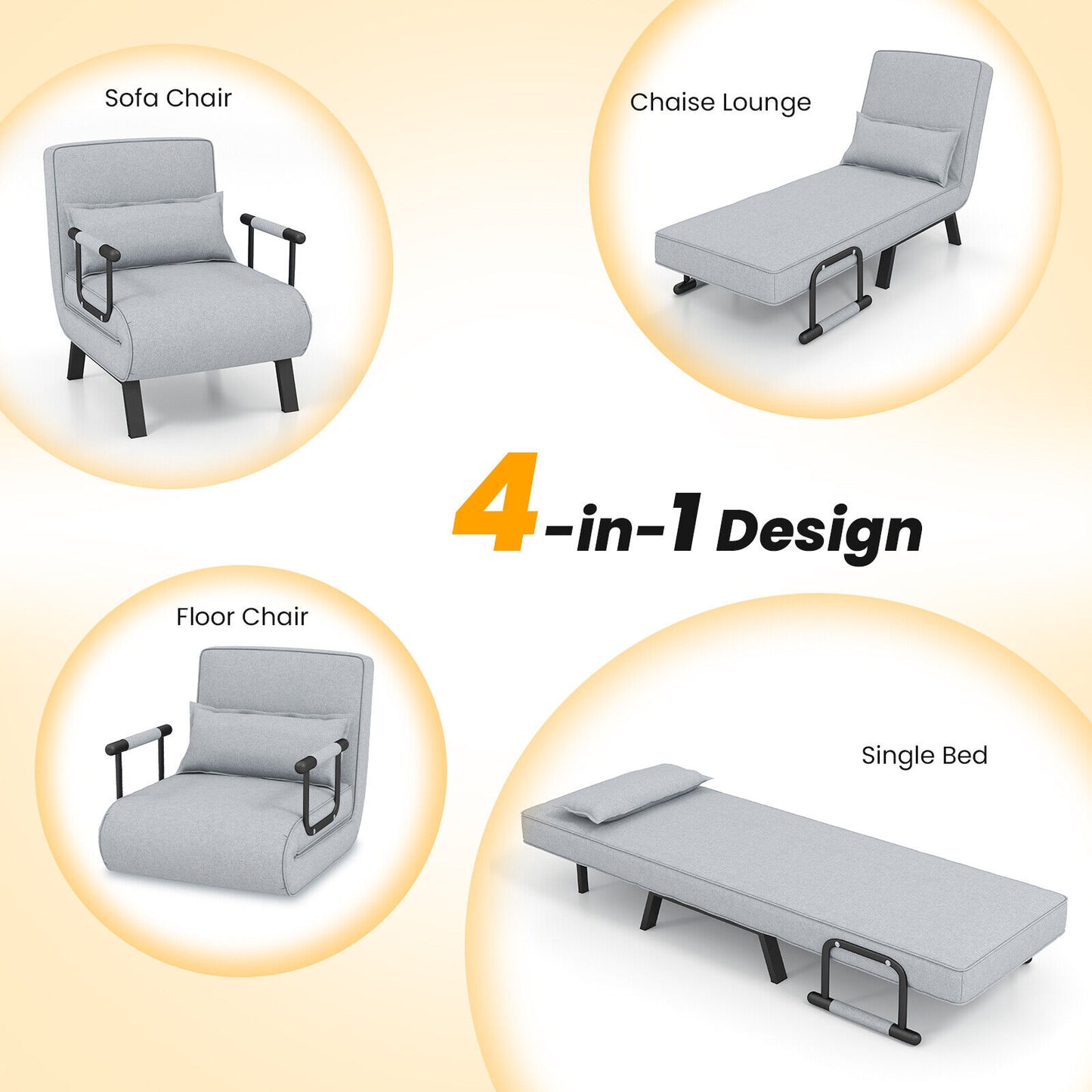 Folding 6 Position Convertible Sleeper Bed Armchair, Light Gray Accent Chairs at Gallery Canada
