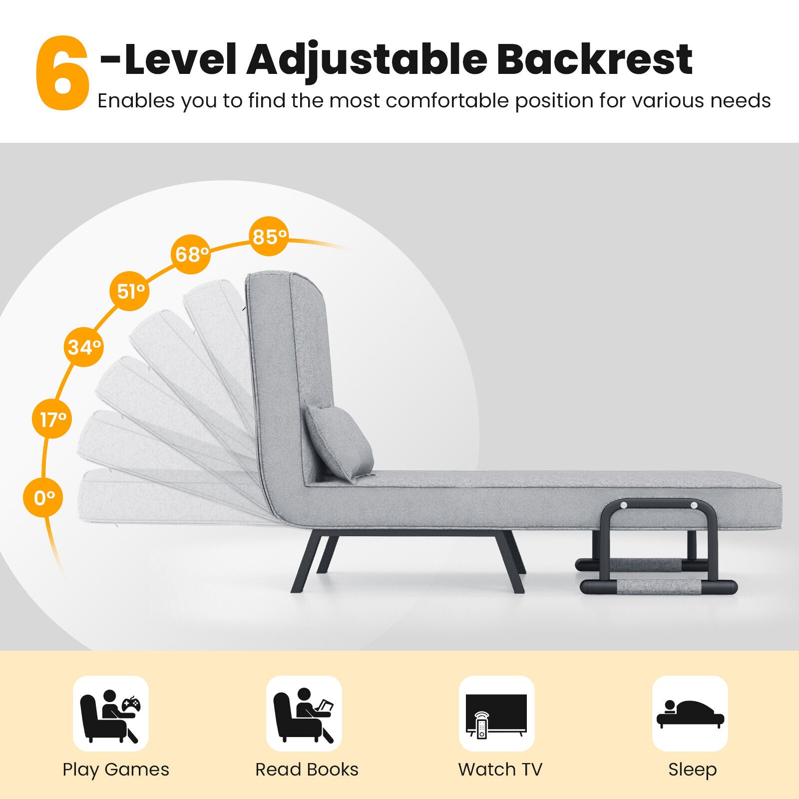 Folding 6 Position Convertible Sleeper Bed Armchair, Light Gray Accent Chairs at Gallery Canada