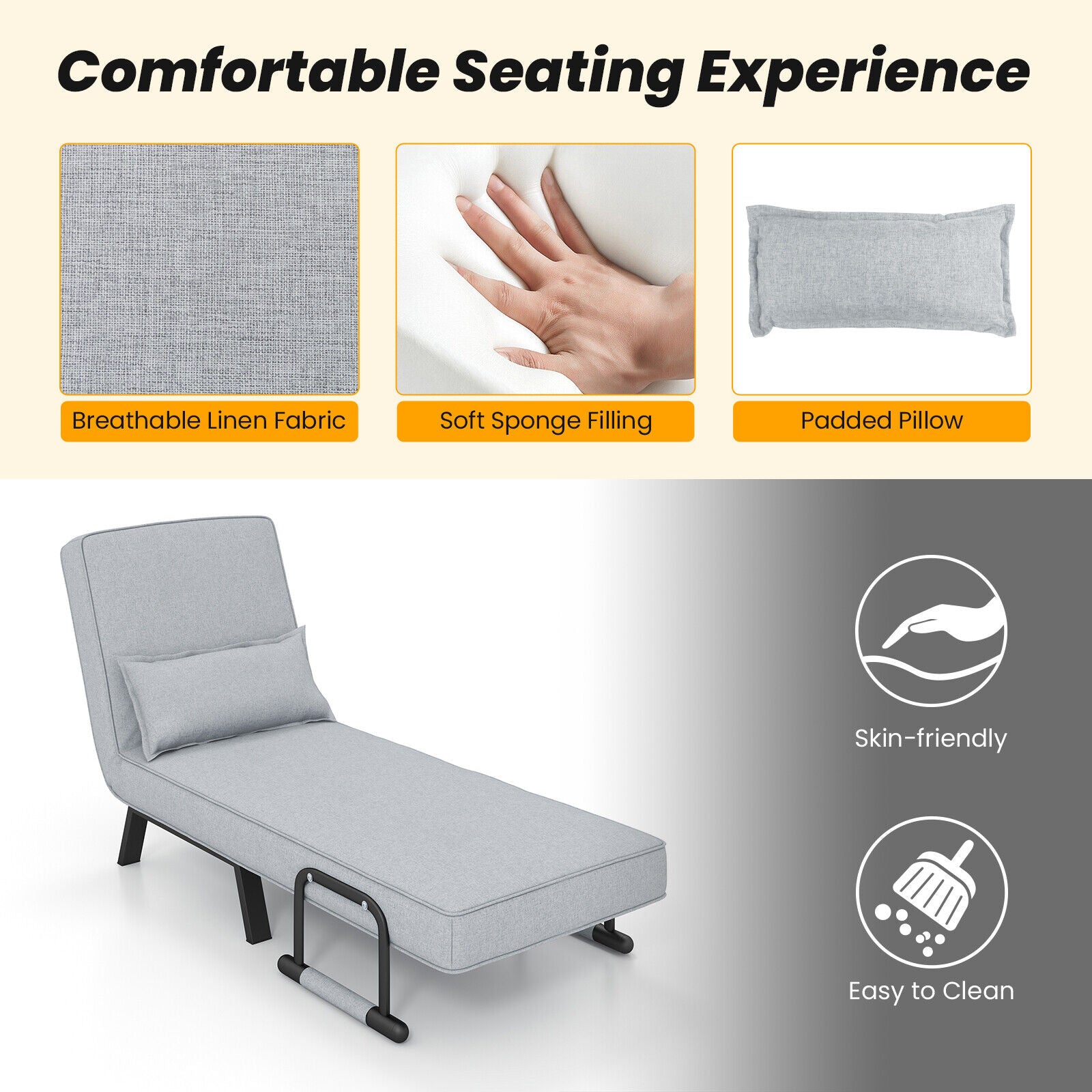 Folding 6 Position Convertible Sleeper Bed Armchair Lounge with Pillow, Light Gray Accent Chairs at Gallery Canada