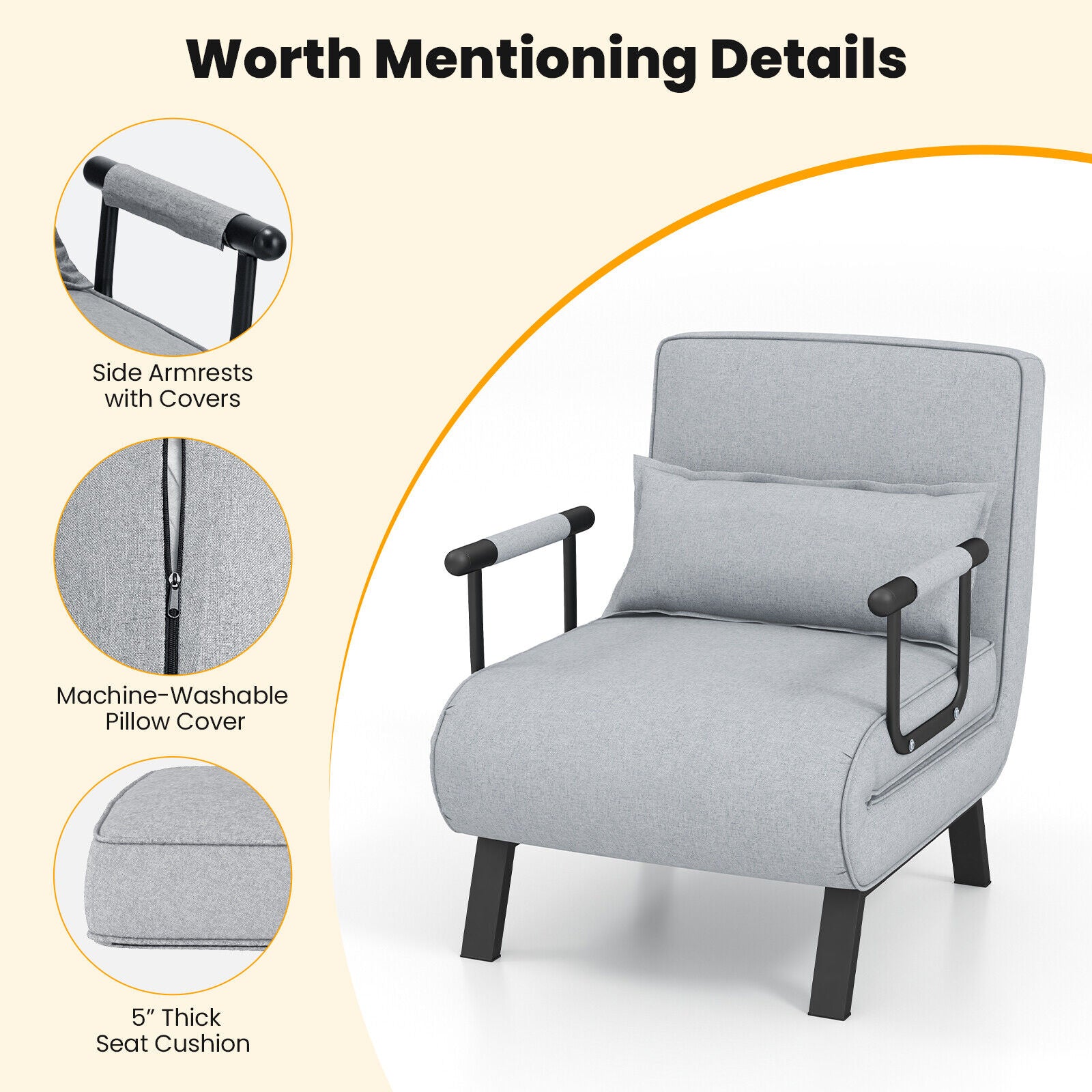 Folding 6 Position Convertible Sleeper Bed Armchair, Light Gray Accent Chairs at Gallery Canada
