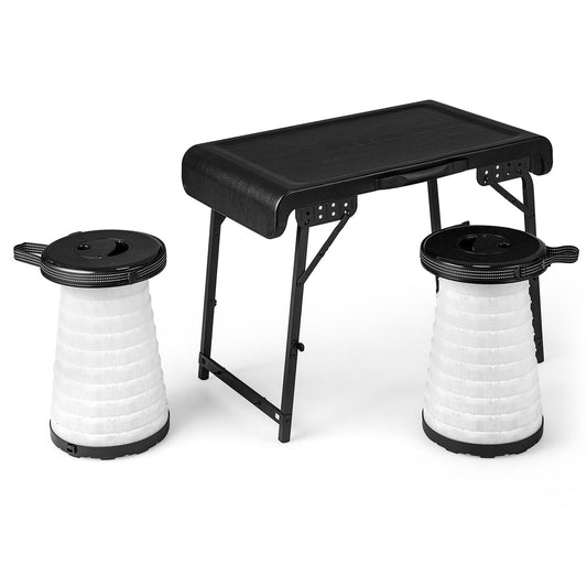Ensemble de Table et Tabourets de Camping Pliables 3 Pièces, 2 Tabourets Rétractables à LED, Noir