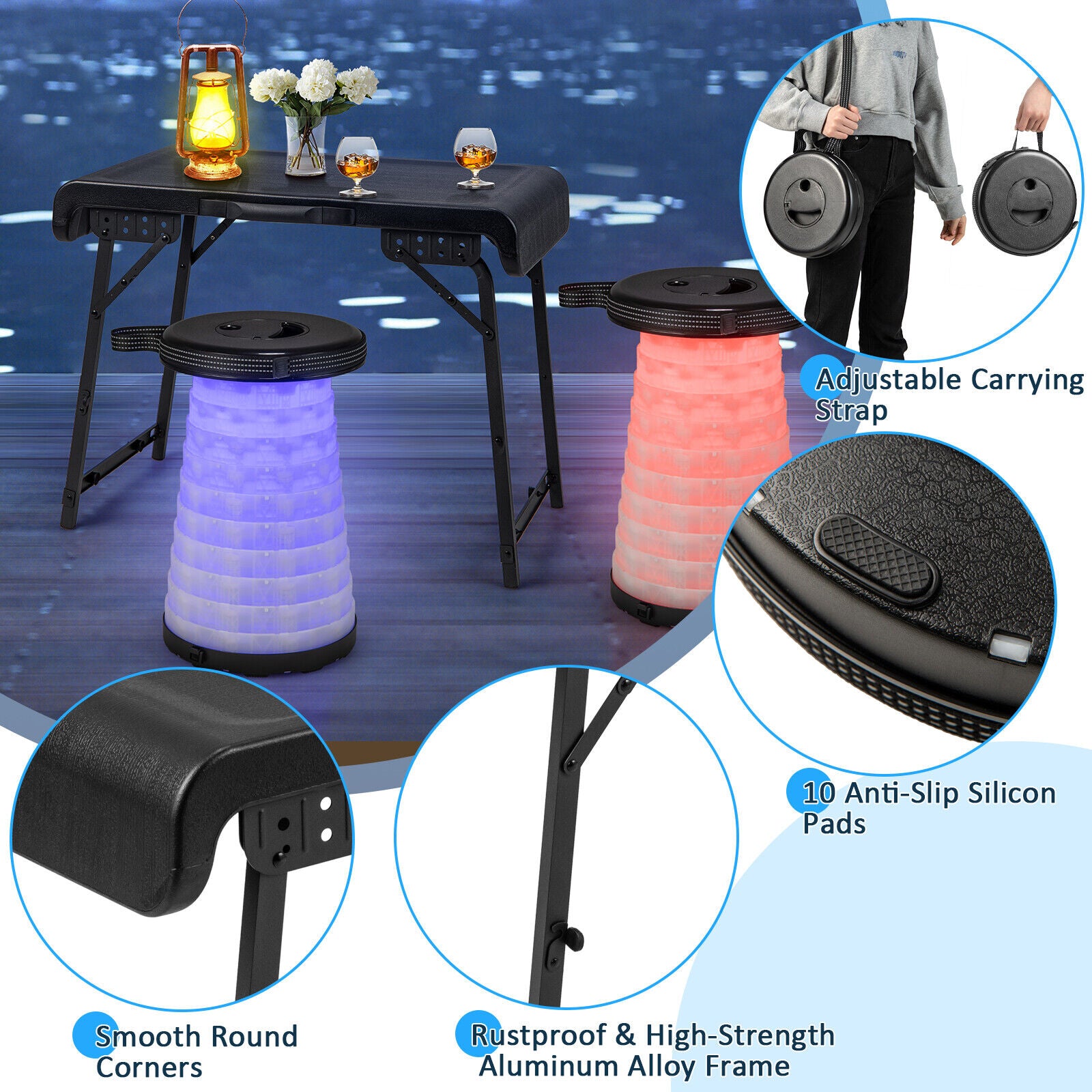 3 Pieces Folding Camping Table Stool Set with 2 Retractable LED Stools, Black Camping Furniture at Gallery Canada