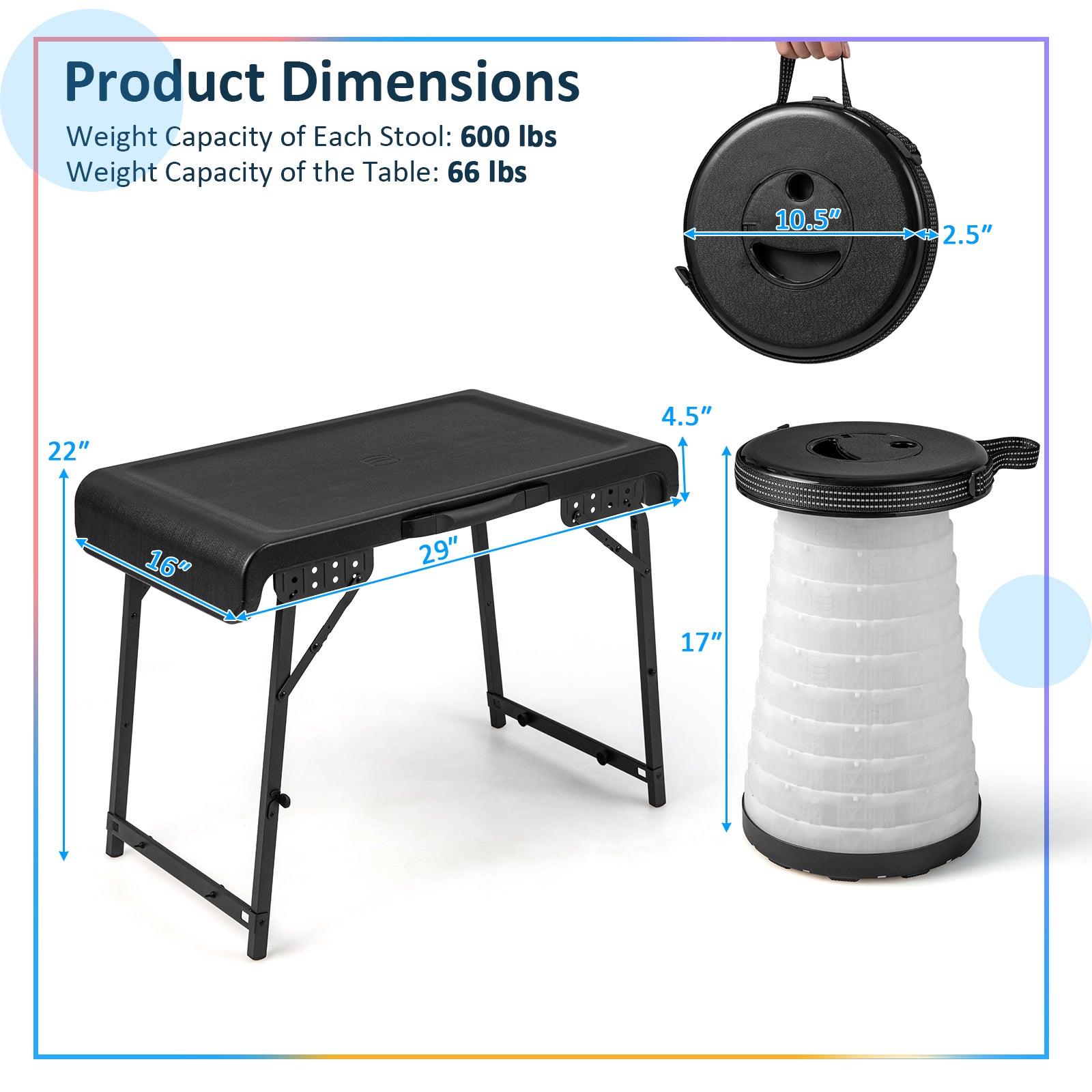 3 Pieces Folding Camping Table Stool Set with 2 Retractable LED Stools, Black Camping Furniture at Gallery Canada