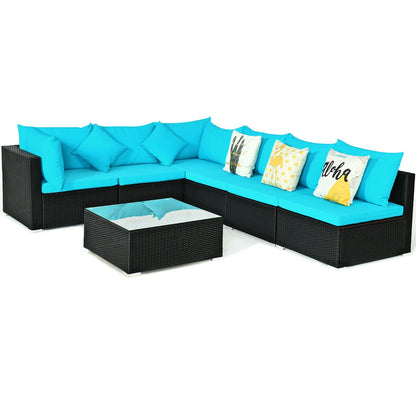7-Piece Outdoor Wicker Sectional Sofa Set, Tempered Glass Top, Blue Outdoor Sectionals at Gallery Canada