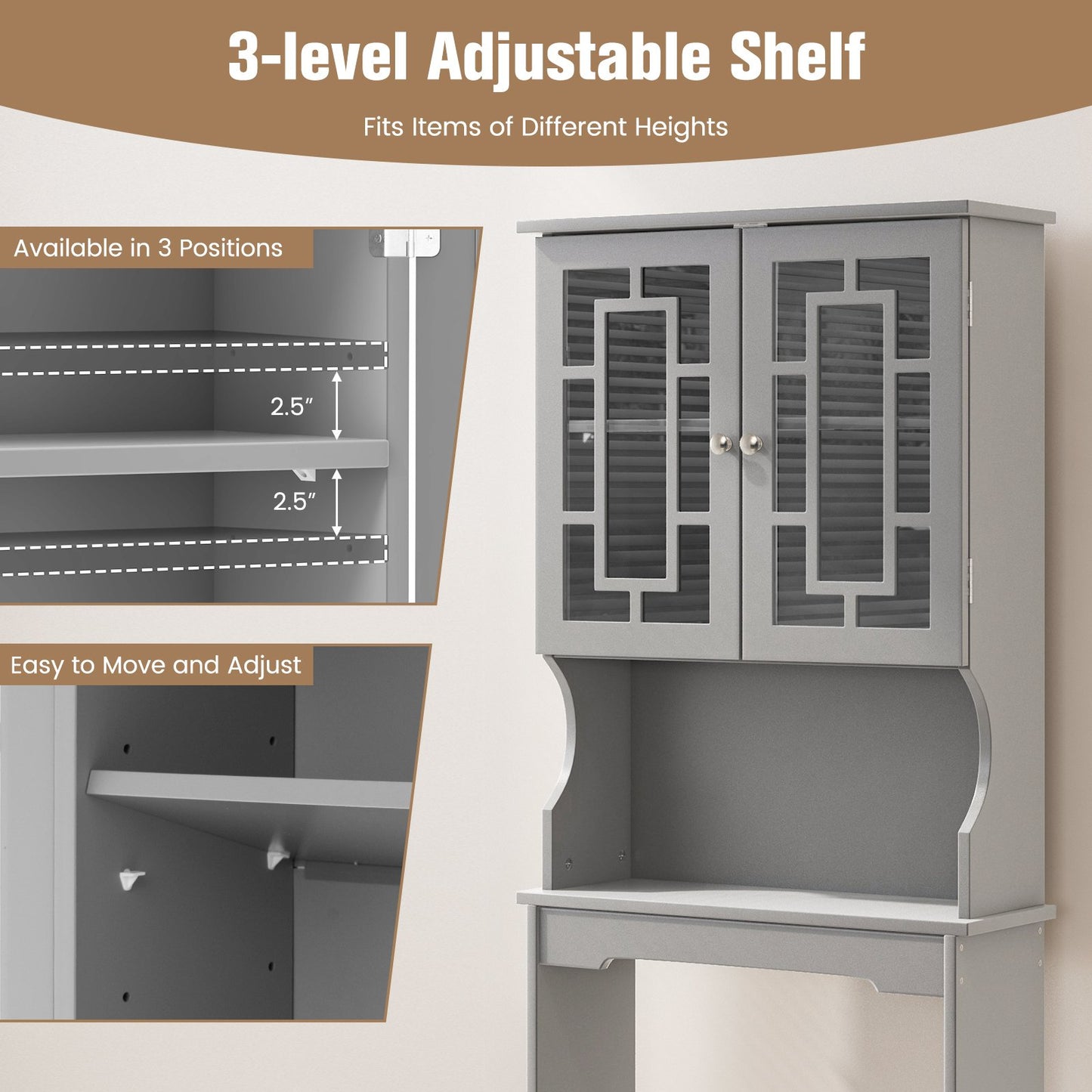 Bathroom Spacesaver Organizer with Adjustable Shelf, Gray